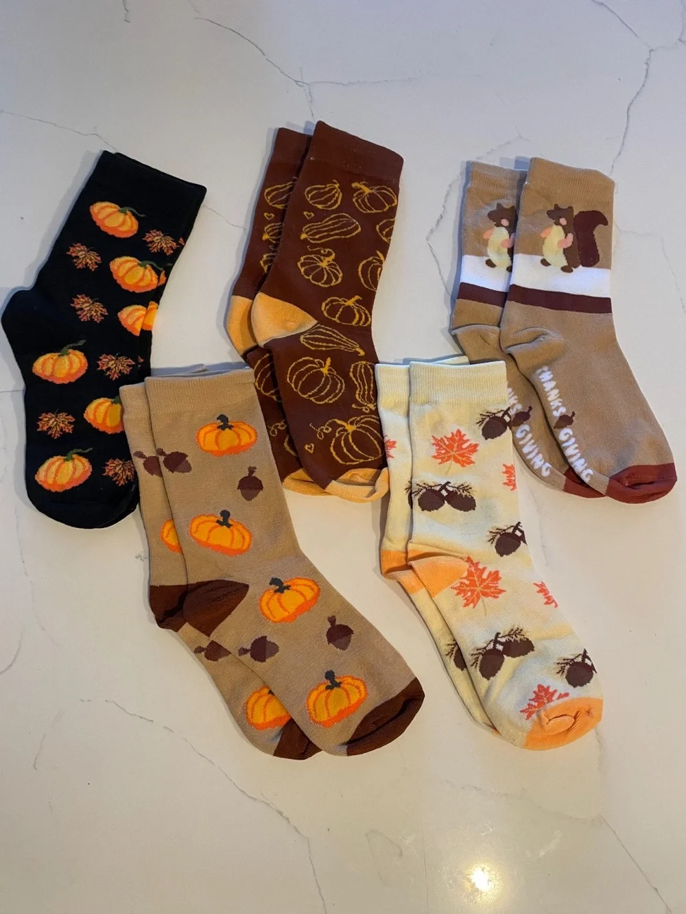 Autumn Pumpkin & Thanksgiving Crew Socks - Pack of 5 - Tan, Brown, Black, Cream